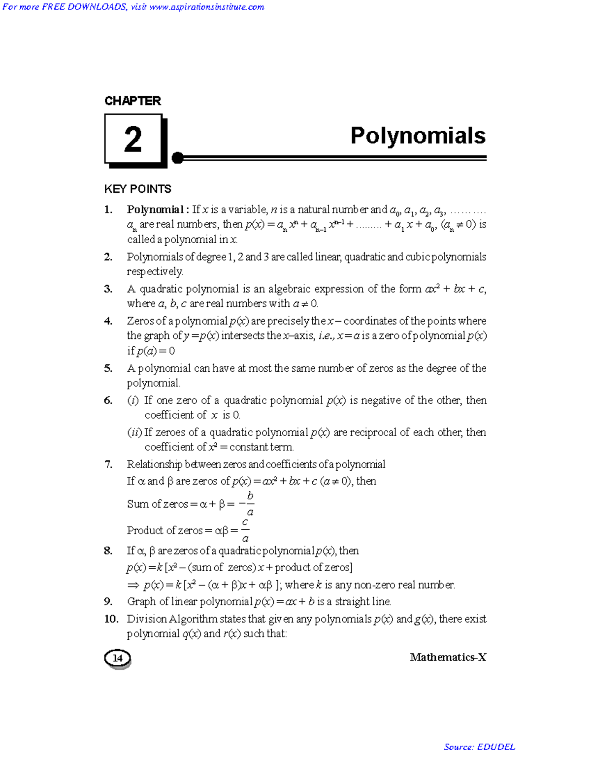 10 Maths Polynomials Notes Question Bank - 14 Mathematics-X CHAPTER 2 ...