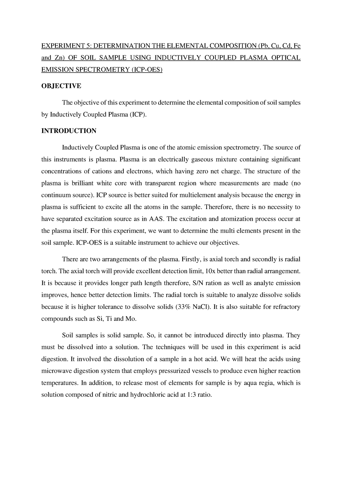 Exp 6 ICP-OES - Chemistry - EXPERIMENT 5: DETERMINATION THE ELEMENTAL ...