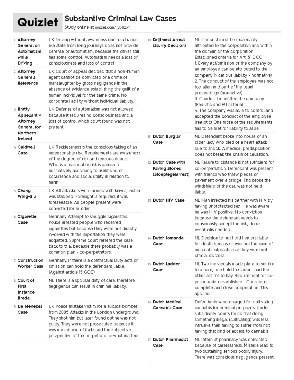 Complete List of Cases Substantive Criminal Law Cases Study online at