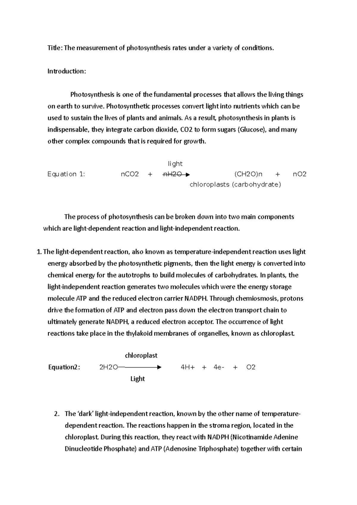 Lab 3 Photosynthesis report Title The measurement of photosynthesis