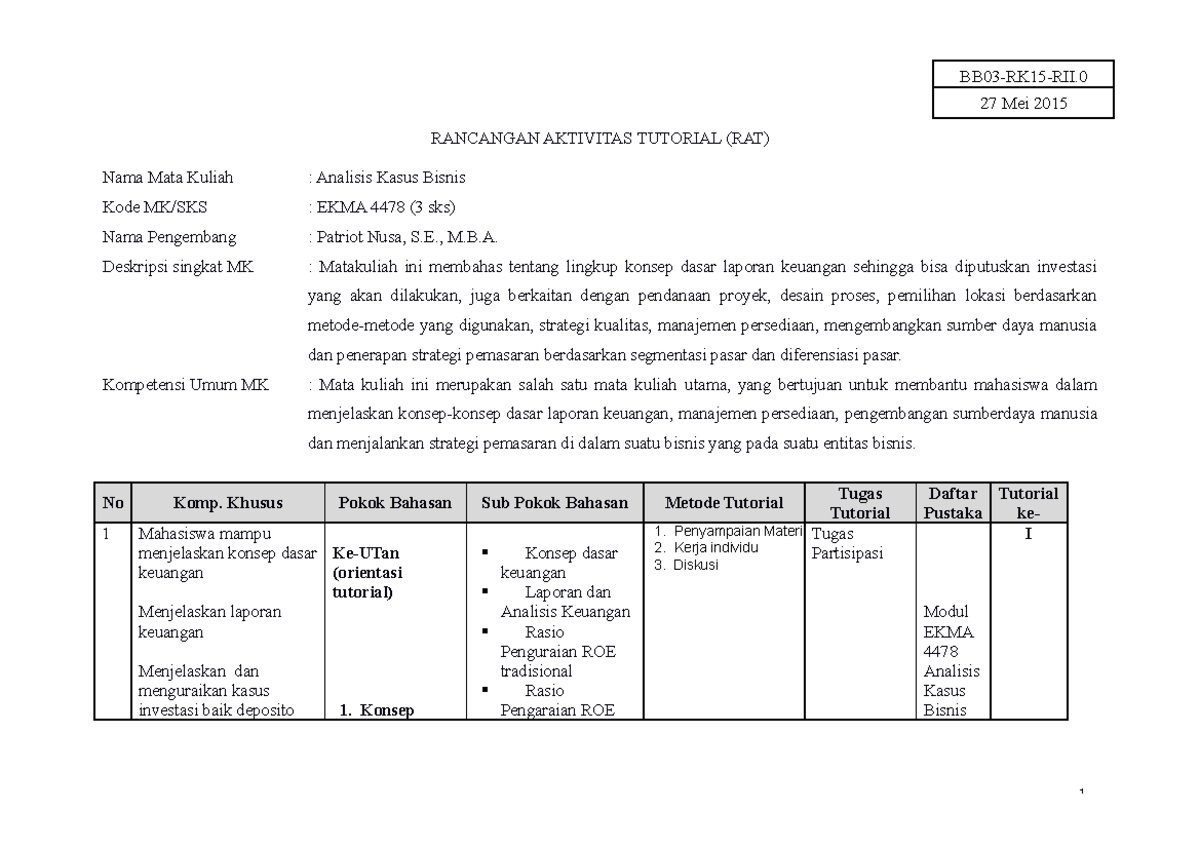 RAT AKB yang sangat mantap - RANCANGAN AKTIVITAS TUTORIAL (RAT) Nama ...