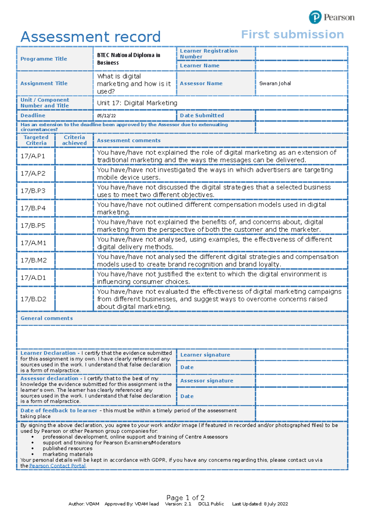 Btec Assessment Record Unit 17 Assignment 1 Assessment Record First Submission Programme Title