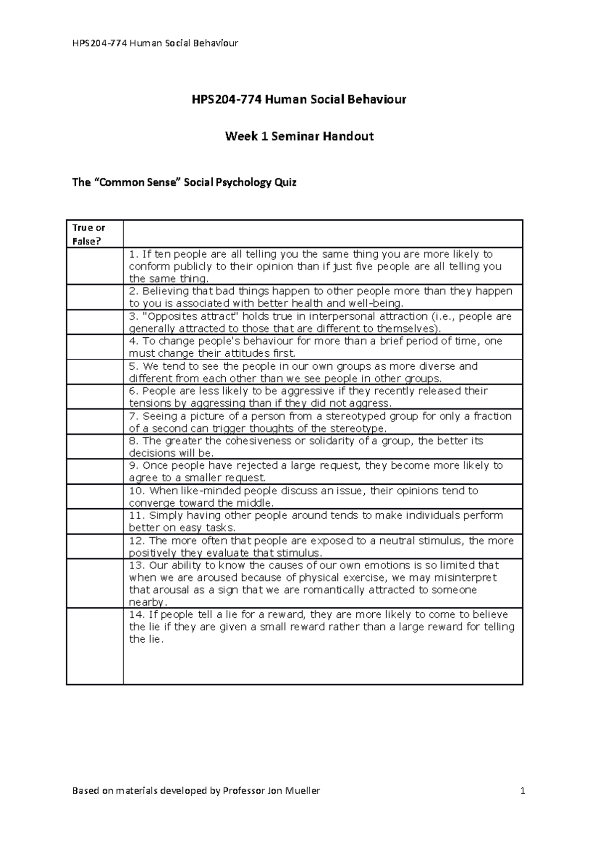 HPS204 774 Week 1 Seminar Handout - HPS204-774 Human Social Behaviour ...
