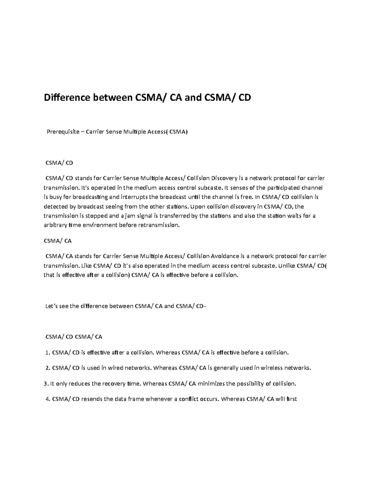 Difference Between CSMA CA And CSMA CD - Difference Between CSMA/ CA ...