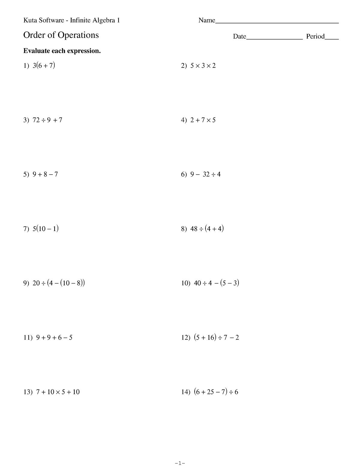 Order of Operations without answers - ©Q q 280 V 1 d 2 v PKbuB t 1 a 9 ...