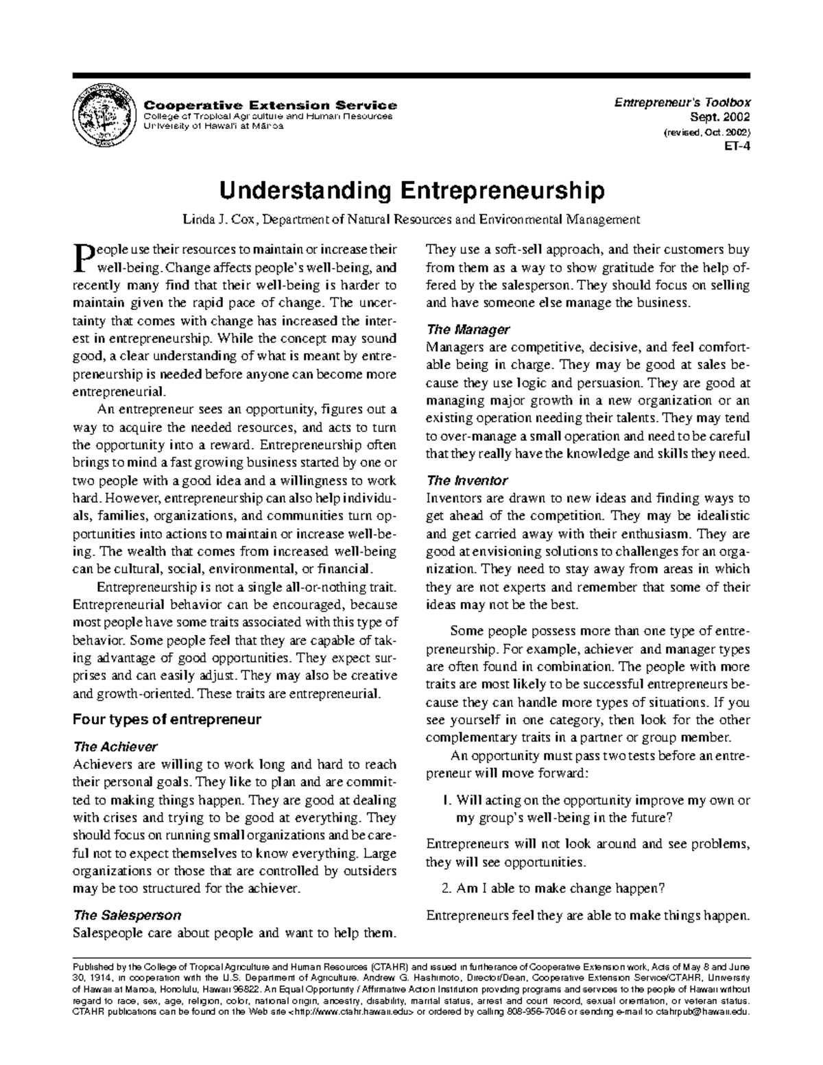 Understanding entrep - Entrepreneur’s Toolbox Sept. 2002 (revised, Oct ...