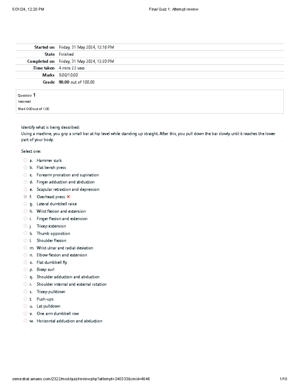 Team Sports Final Quiz 1 Attempt review Started on Friday, 31 May