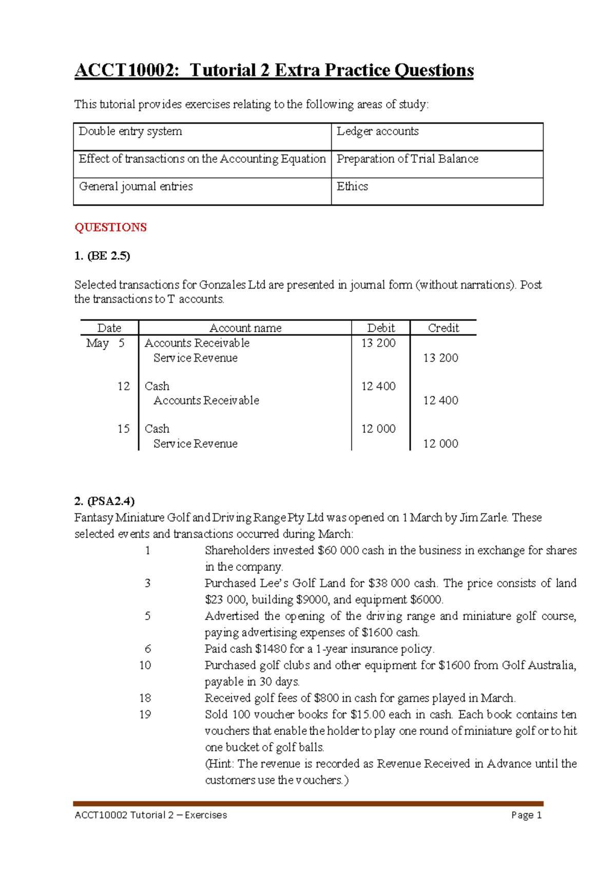 ACCT10002 Tutorial 2 Extra Practice Questions and Solutions - ACCT10002 ...