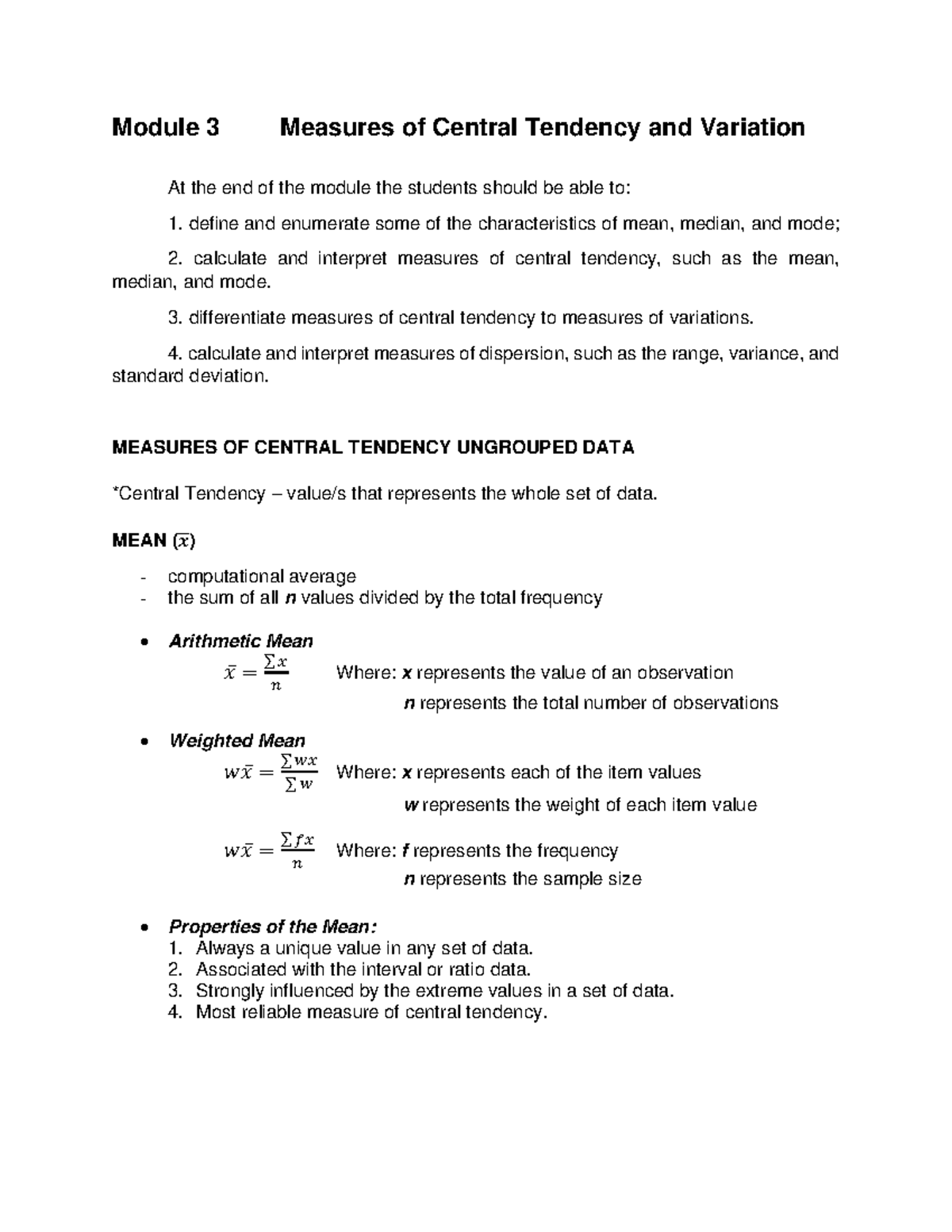 Module 3 _ Statistical Analysis - Module 3 Measures of Central Tendency ...