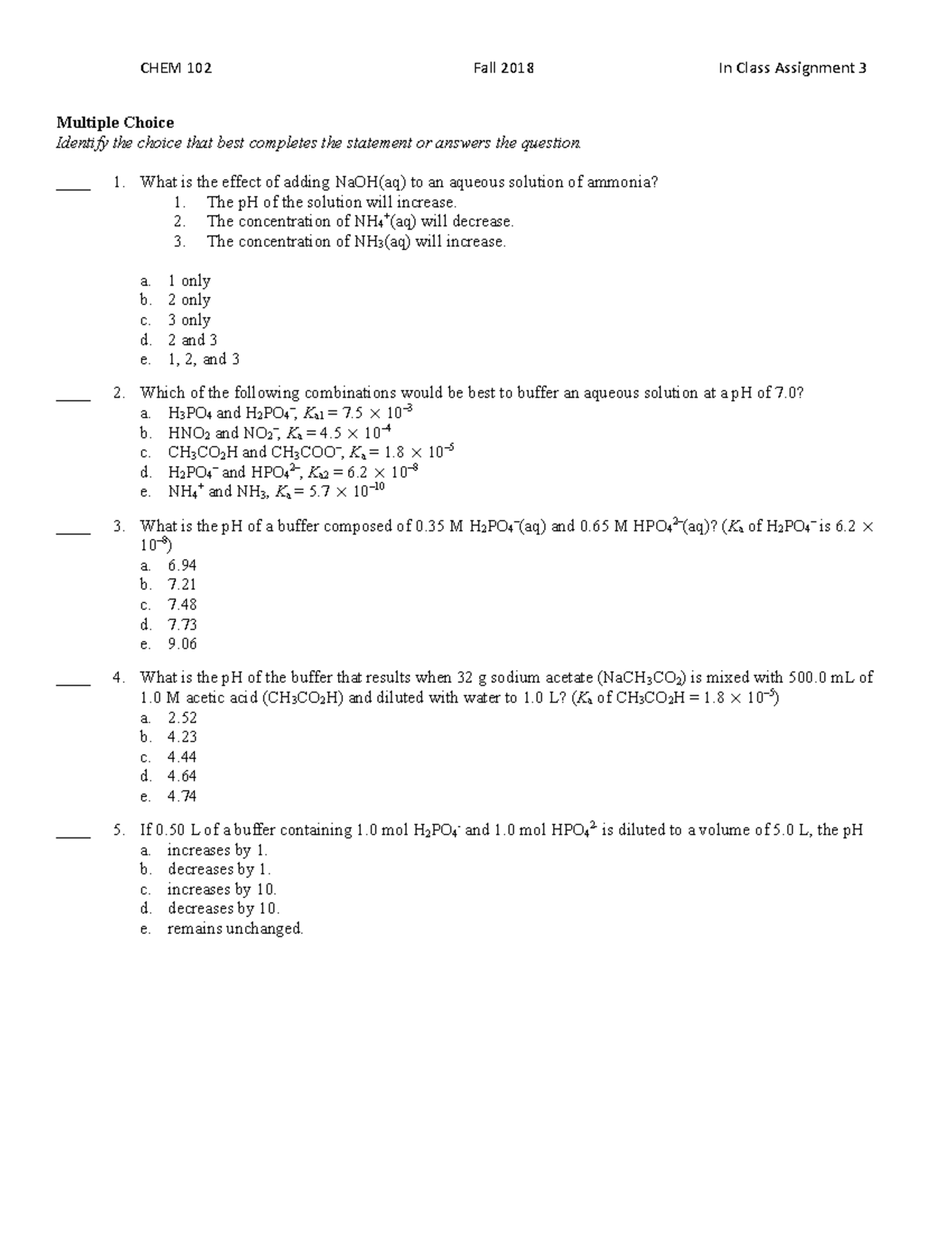 Inorganic Chem Lecture 102 - Buffers, Titration, Ksp - CHEM 102 Fall ...