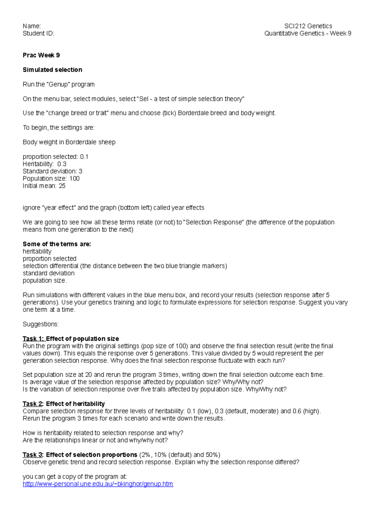 Prac9 - instructions for lab 9 - Name: Student ID: SCI212 Genetics ...