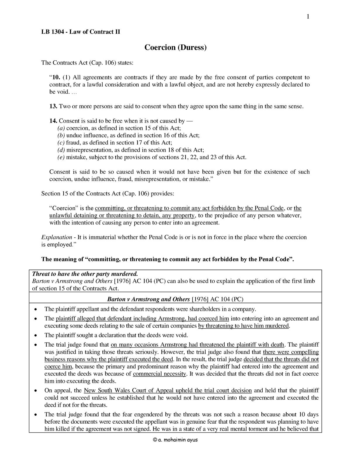 LOC Coercion Law of Contract LB 1304 Law of Contract II Coercion