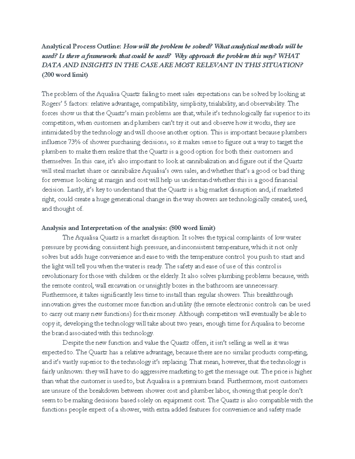 Aqualisa Quartz Case This is my writeup for a Harvard Business School