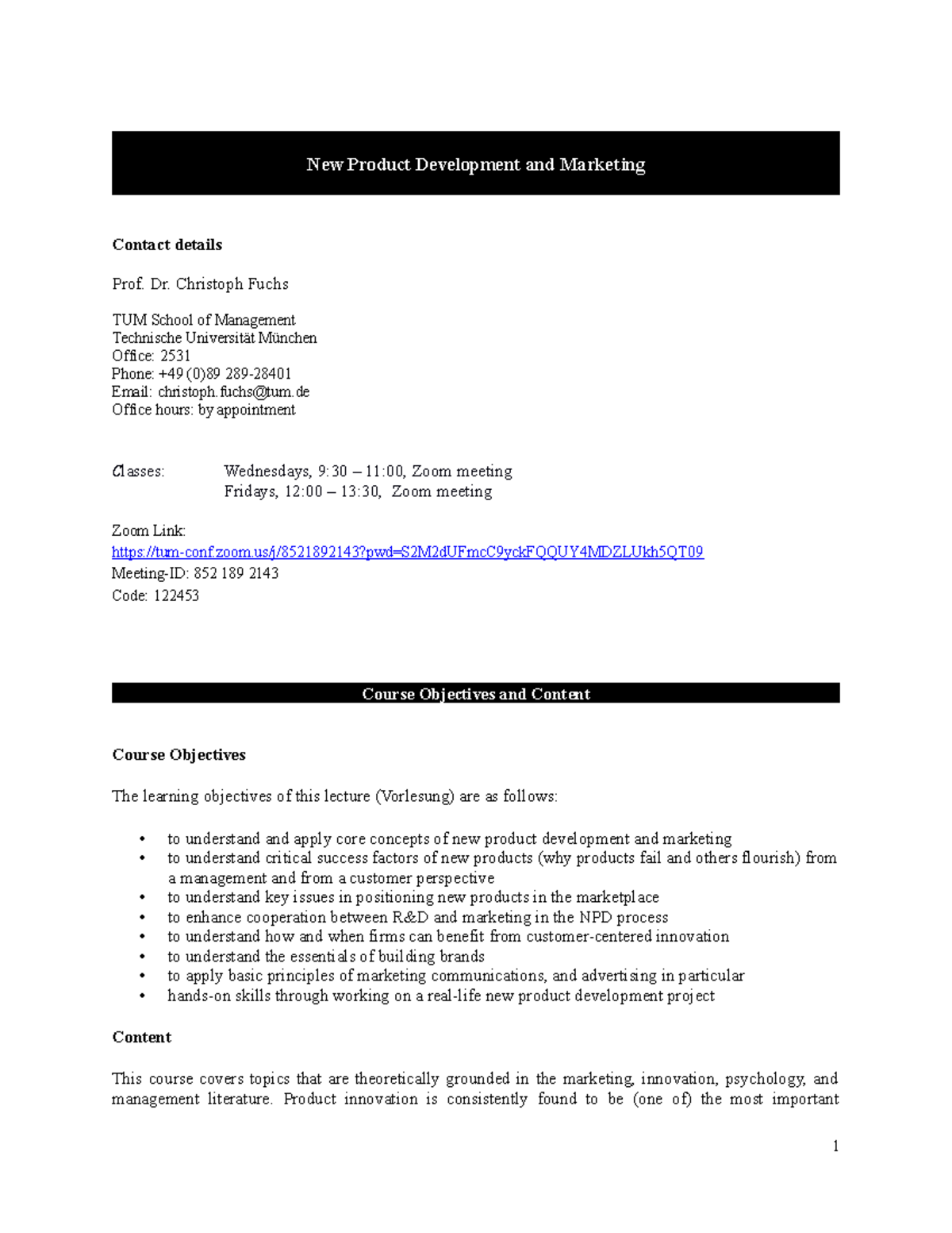 120421 - TUM NPD Marketing Course SS 21 - New Product Development and  Marketing Contact details - Studocu