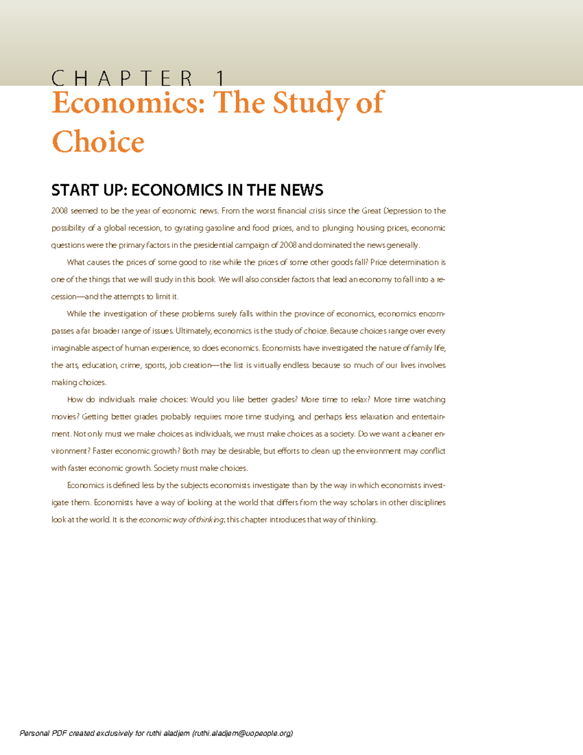 Principles Of Economics Chapter 01 - C H A P T E R 1 Economics: The ...