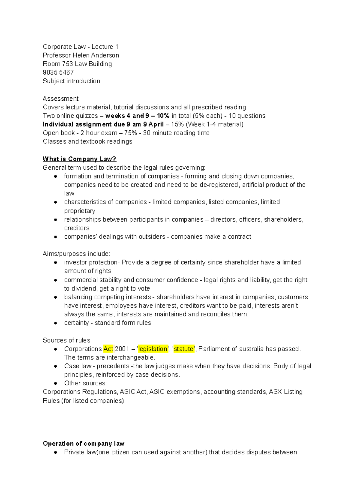 Corporate Law - Summary notes of Lecture 1 & 2 - Corporate Law Lecture ...