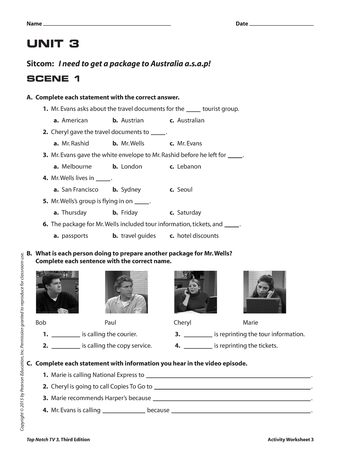 UNIT 03 TV Activity Worksheets - UNIT 3 Sitcom: I need to get a package ...