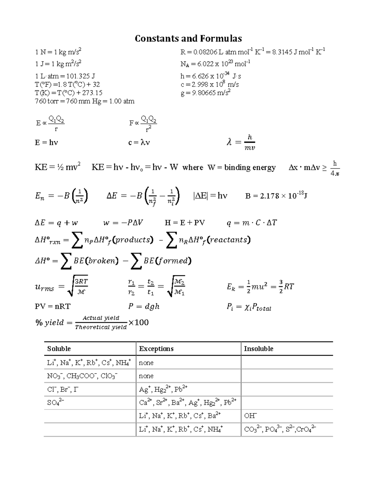 Formula Sheet - chem - Constants and Formulas 1 N = 1 kg m/s 2 R = 0 L ...