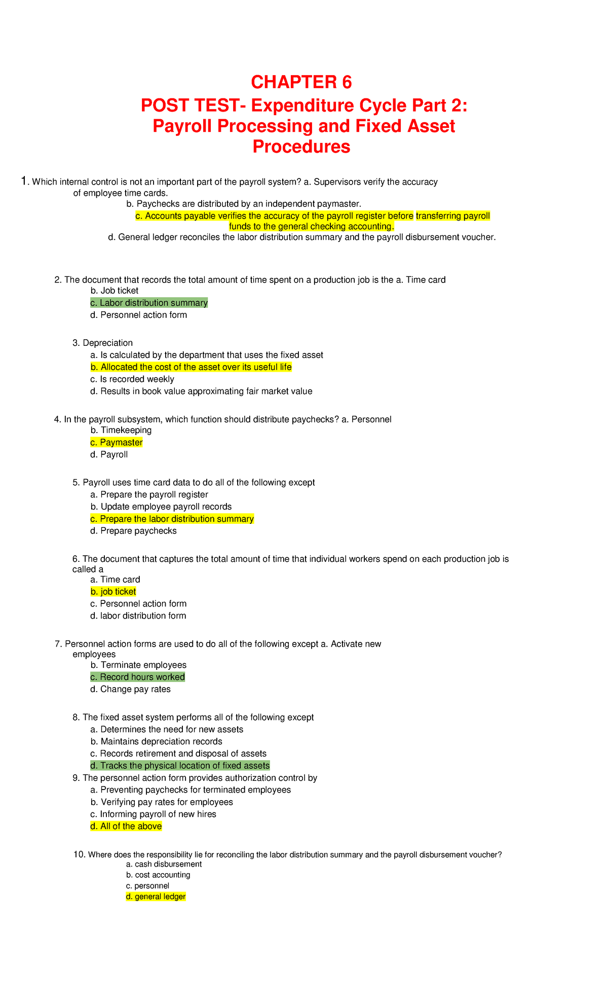 Chapter 6 POST TEST Expenditure Cycle Part 2 Payroll Processing and