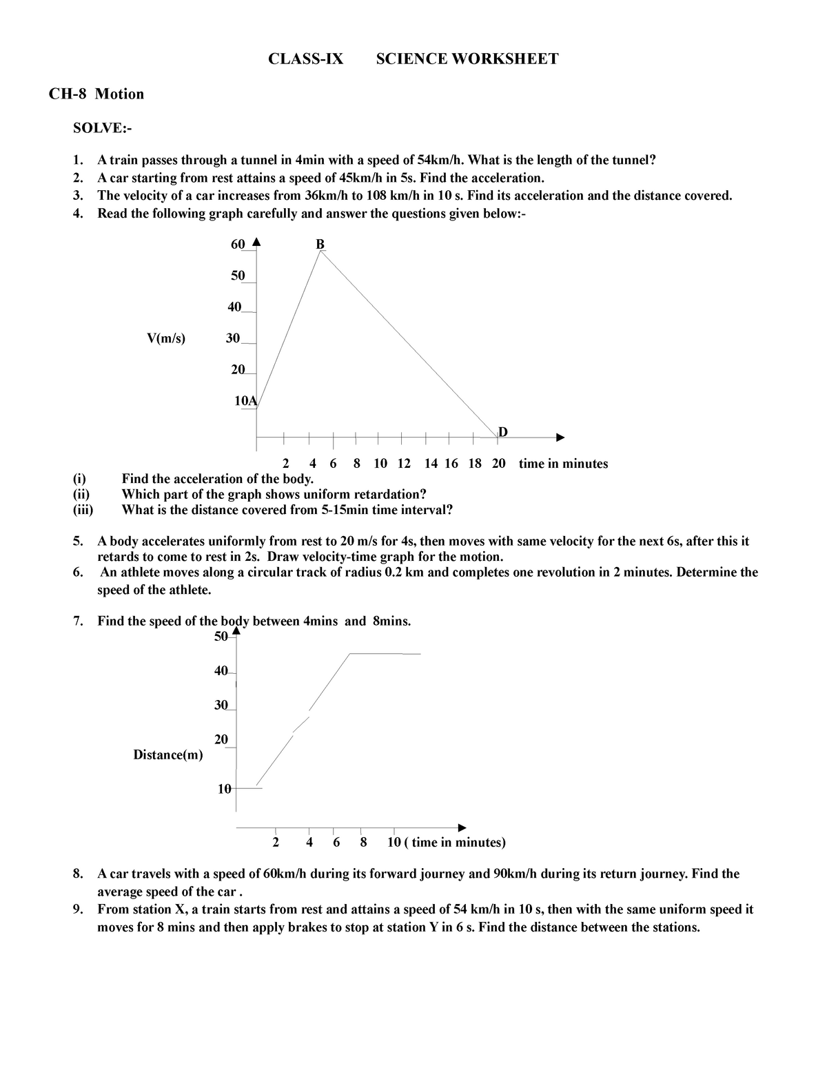 Worksheet for class 9 science motion