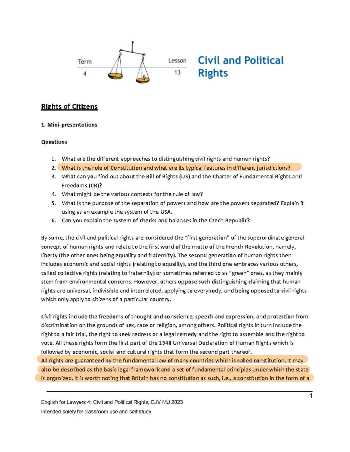 Lesson 13 Civil and Political Rights - 1 English for Lawyers 4: Civil ...