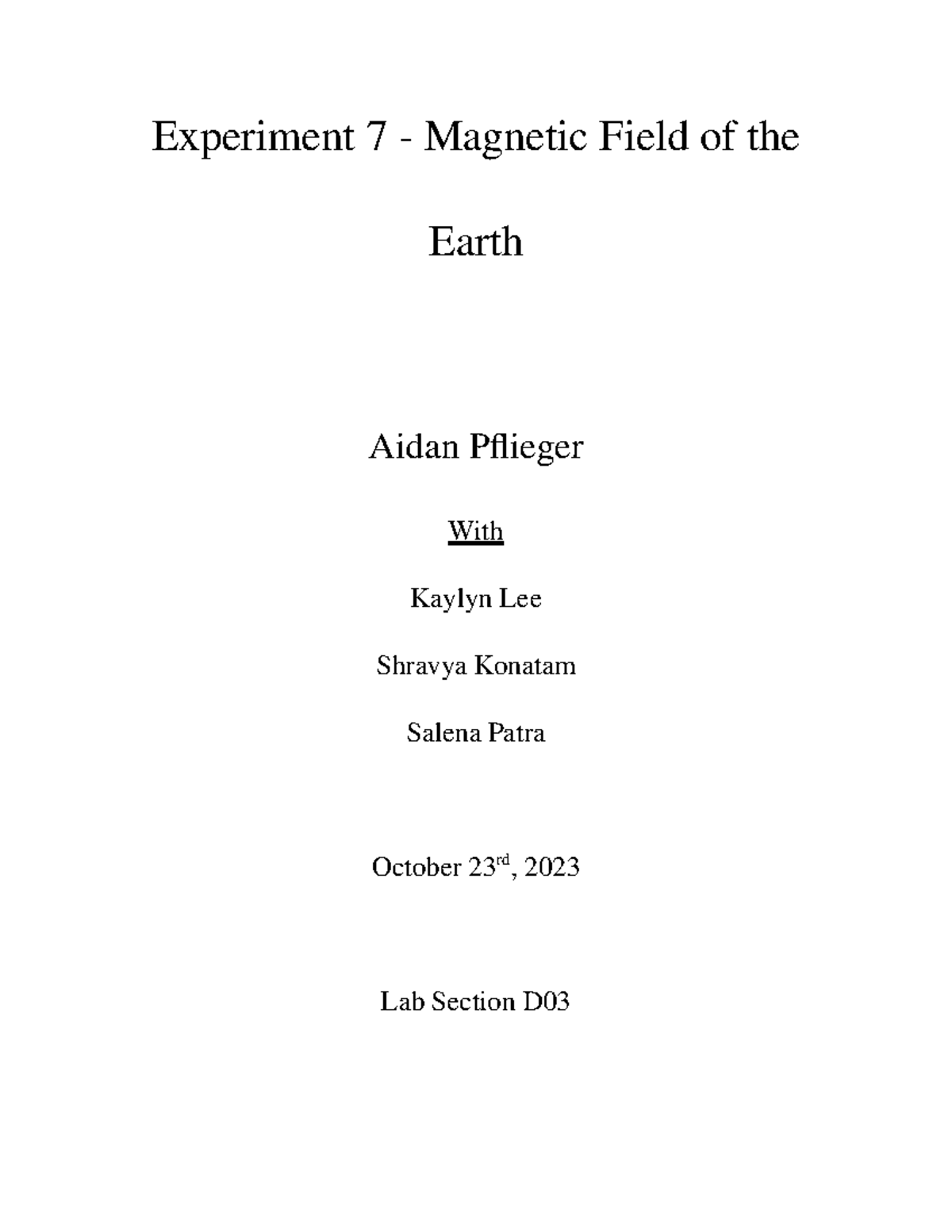 Physics II Lab 7 - Magnetic Field Of The Earth - Experiment 7 ...