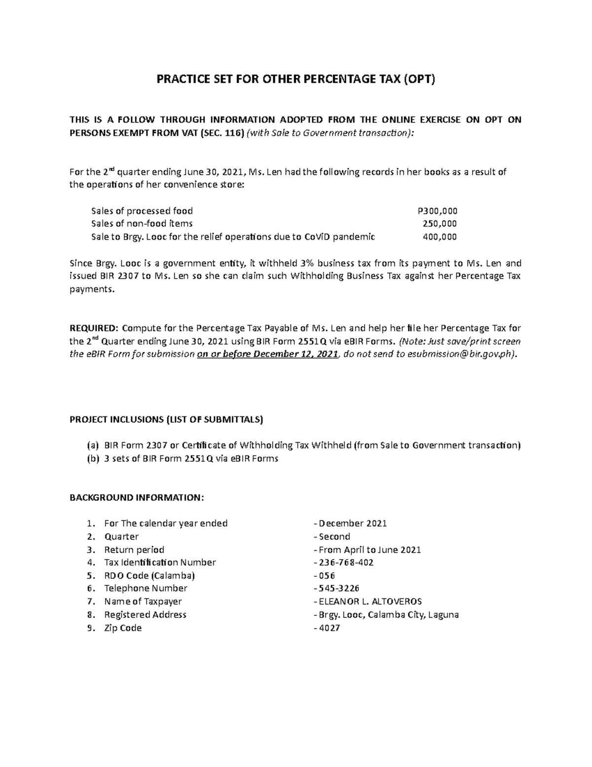 Practice SET IN OPT - .yunt - PRACTICE SET FOR OTHER PERCENTAGE TAX ...