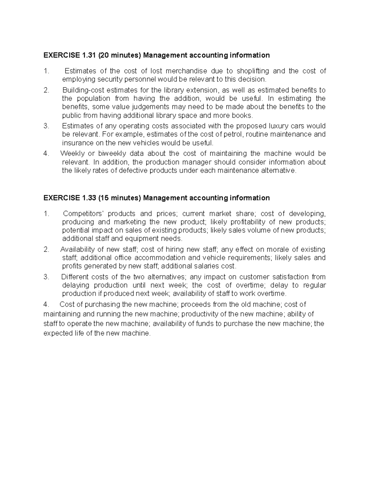 Chapter 1 exercises - EXERCISE 1 (20 minutes) Management accounting ...