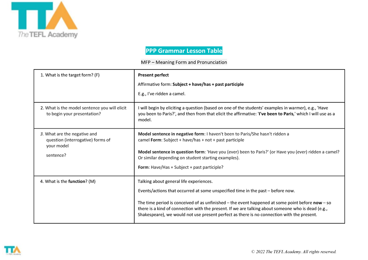 Assignment B Step1 Model 1PPPGrammar Lesson Table Model Answer - PPP ...