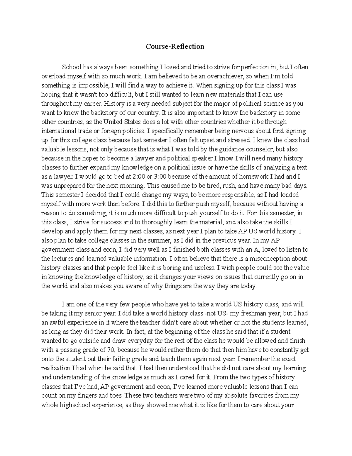 End of Course-reflection paper, about the course and how you succeeded ...