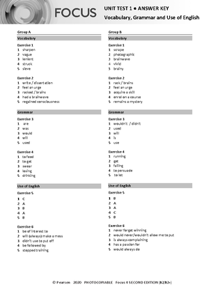 Focus 4 2E Unit Test Vocabulary Grammar Uo E Unit1 Group B - © Pearson ...