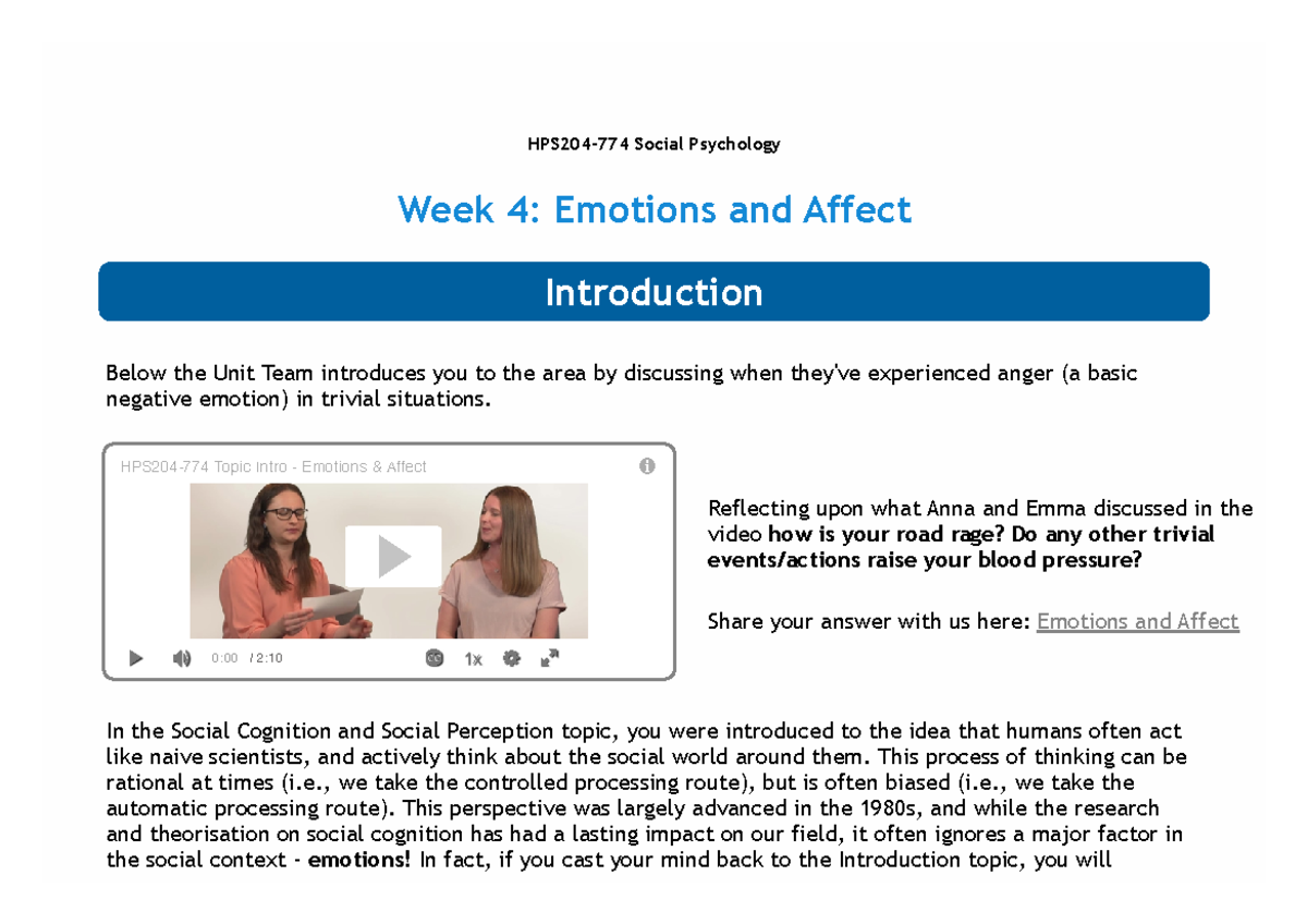 Emotions and Affect Study guide - HPS204-774 Social Psychology Week 4 ...