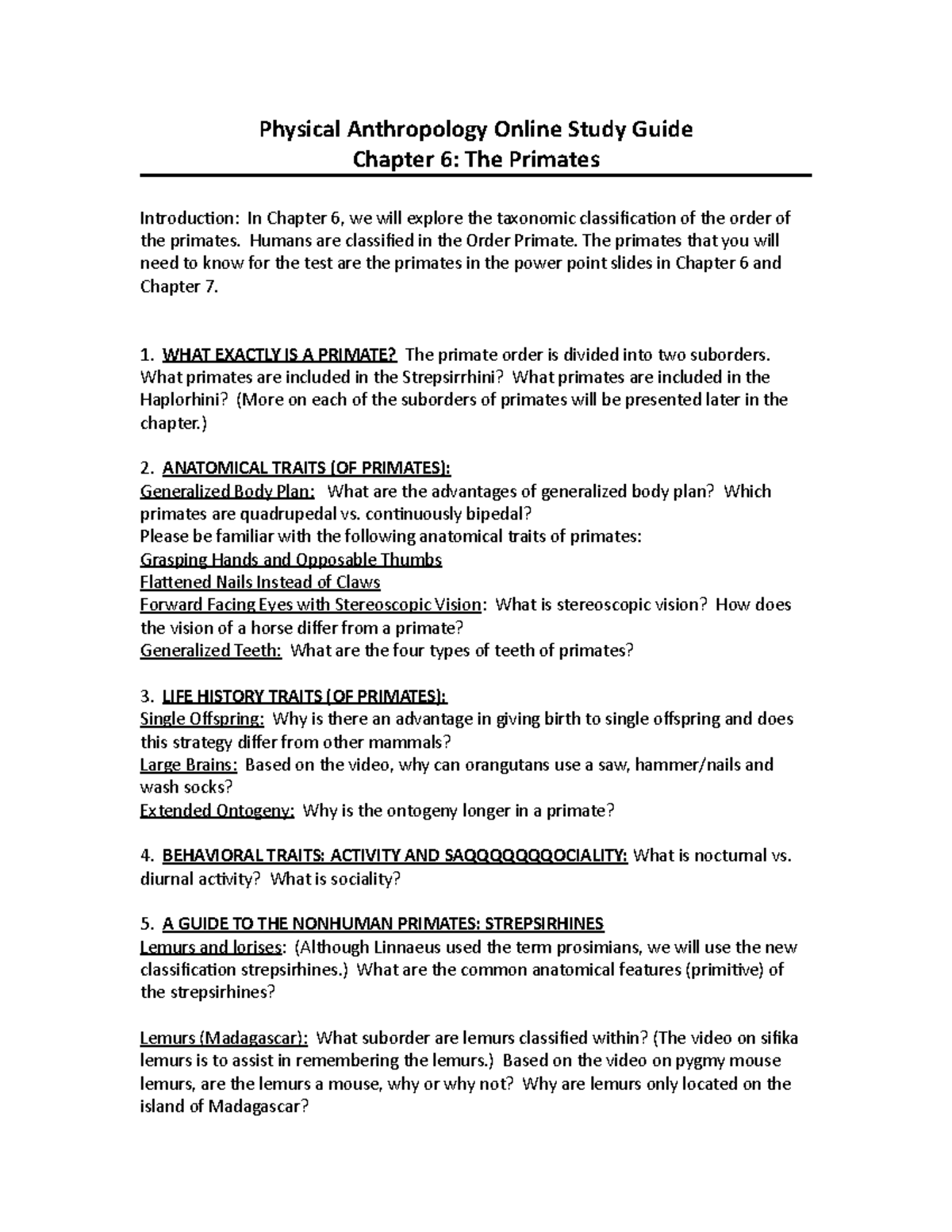 Chapter 6 Study Guide The Primates - Physical Anthropology Online Study ...