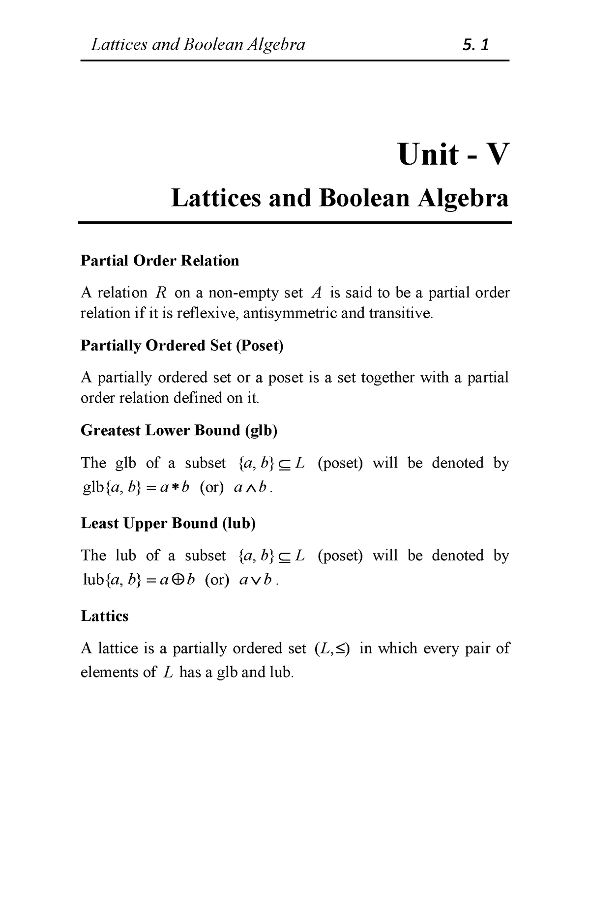 U5-Poset And Lattices Part - I - Lattices And Boolean Algebra 5. 1 Unit ...