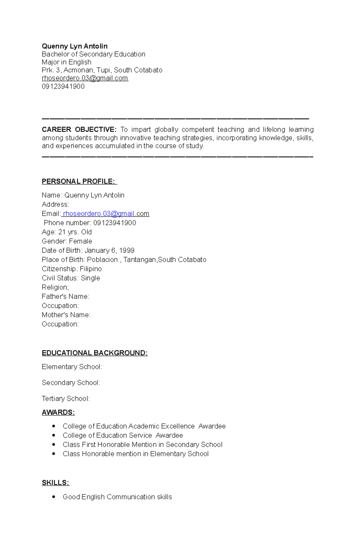 Finalresume - Sample - Quenny Lyn Antolin Bachelor of Secondary ...