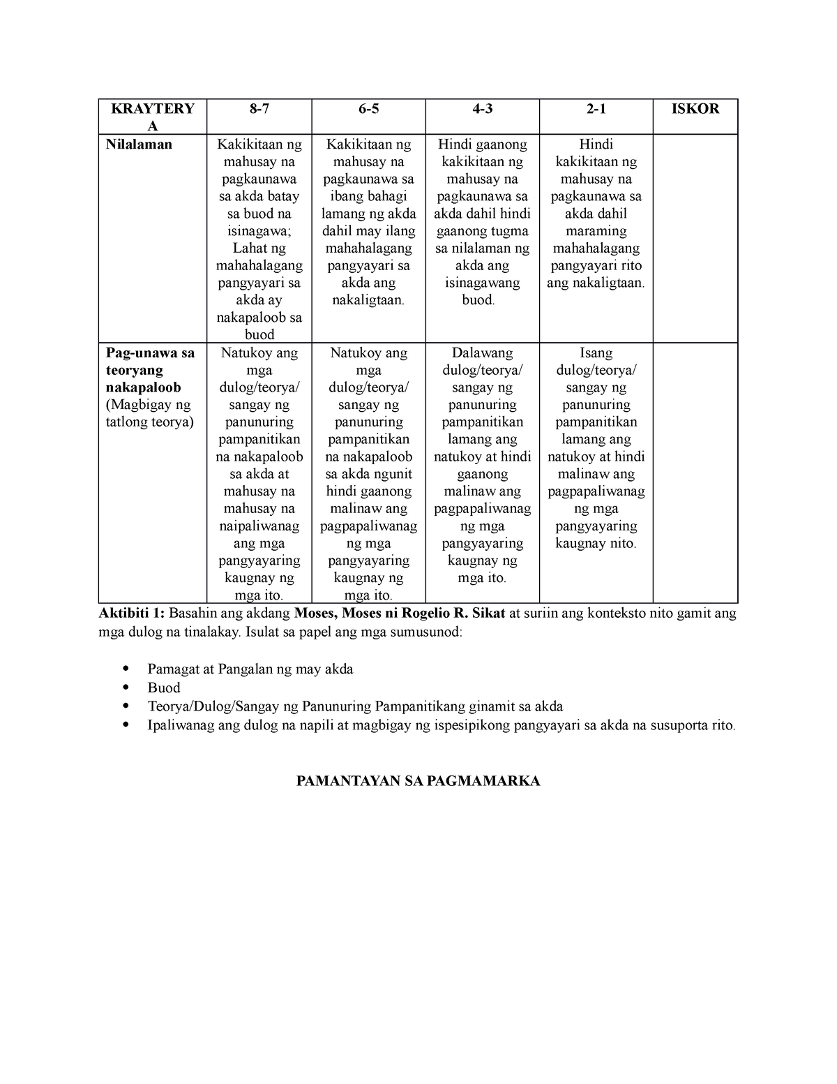 aktibiti-1-pamantayan-sa-pagmamarka-kraytery-a-8-7-6-5-4-3-2-1-iskor