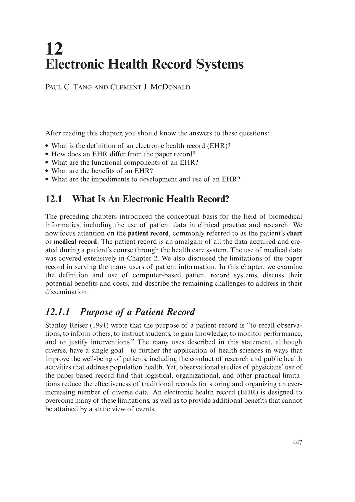 Chapter 12 - Electronic Health Record Systems - 12 Electronic Health ...