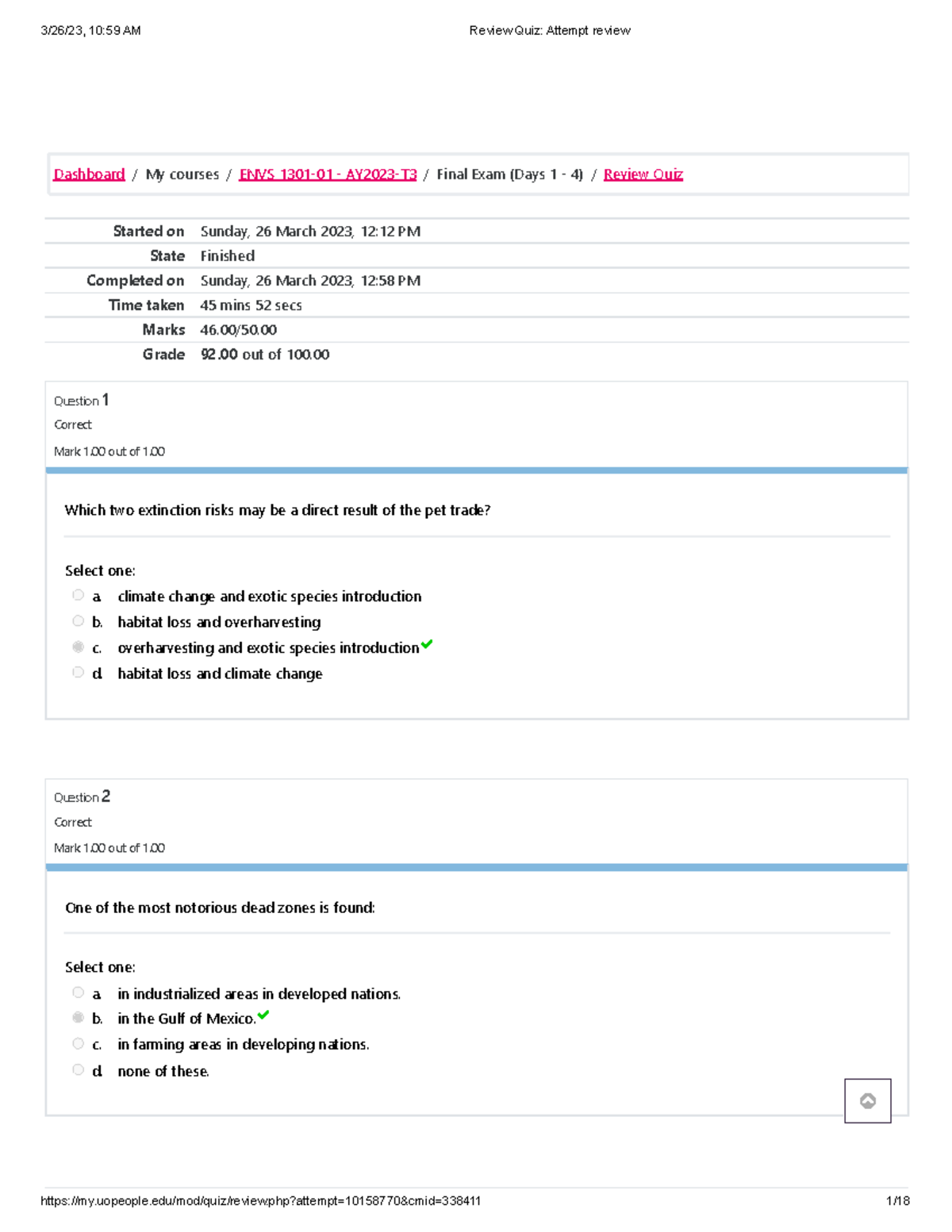 Review Quiz Attempt review - Started on Sunday, 26 March 2023, 12:12 PM ...