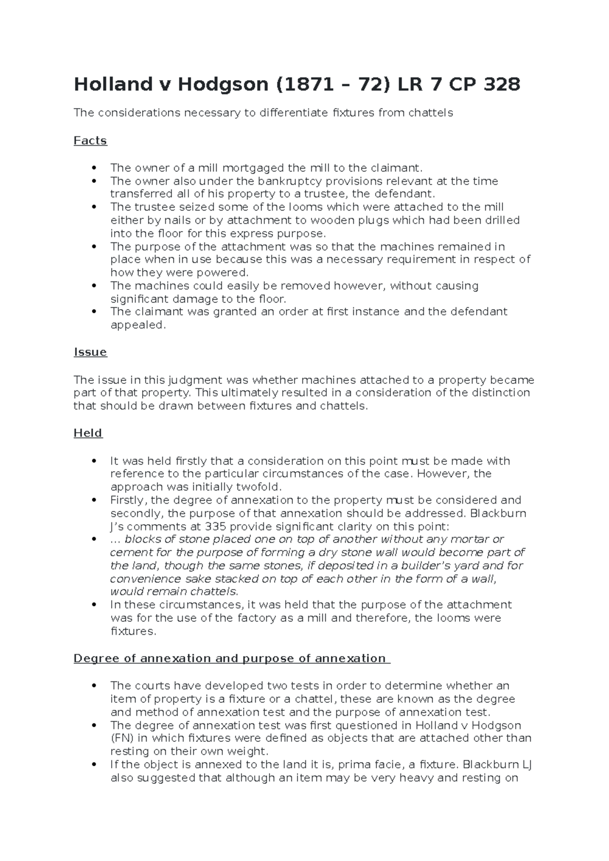 Week 1 Cases Land Law Case Summaries Holland v Hodgson (1871 72) LR
