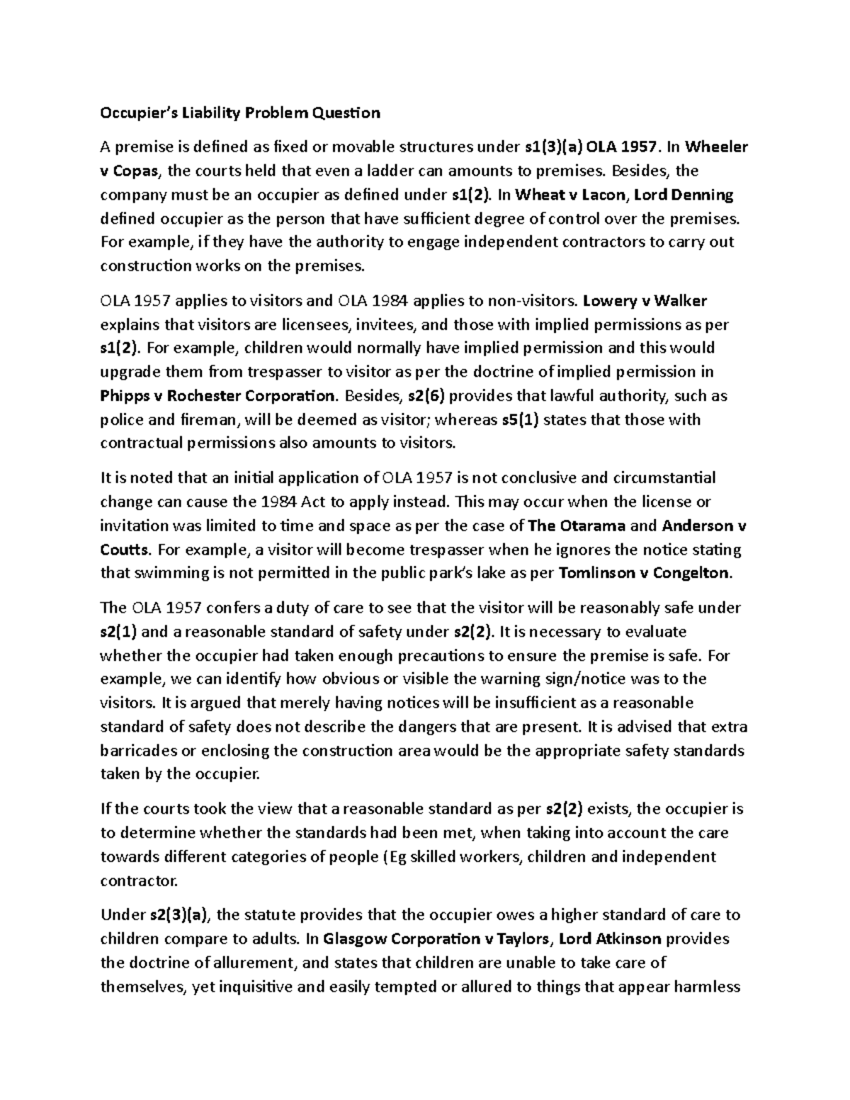 Occupier's Liability Essay - Occupier’s Liability Problem Question A ...