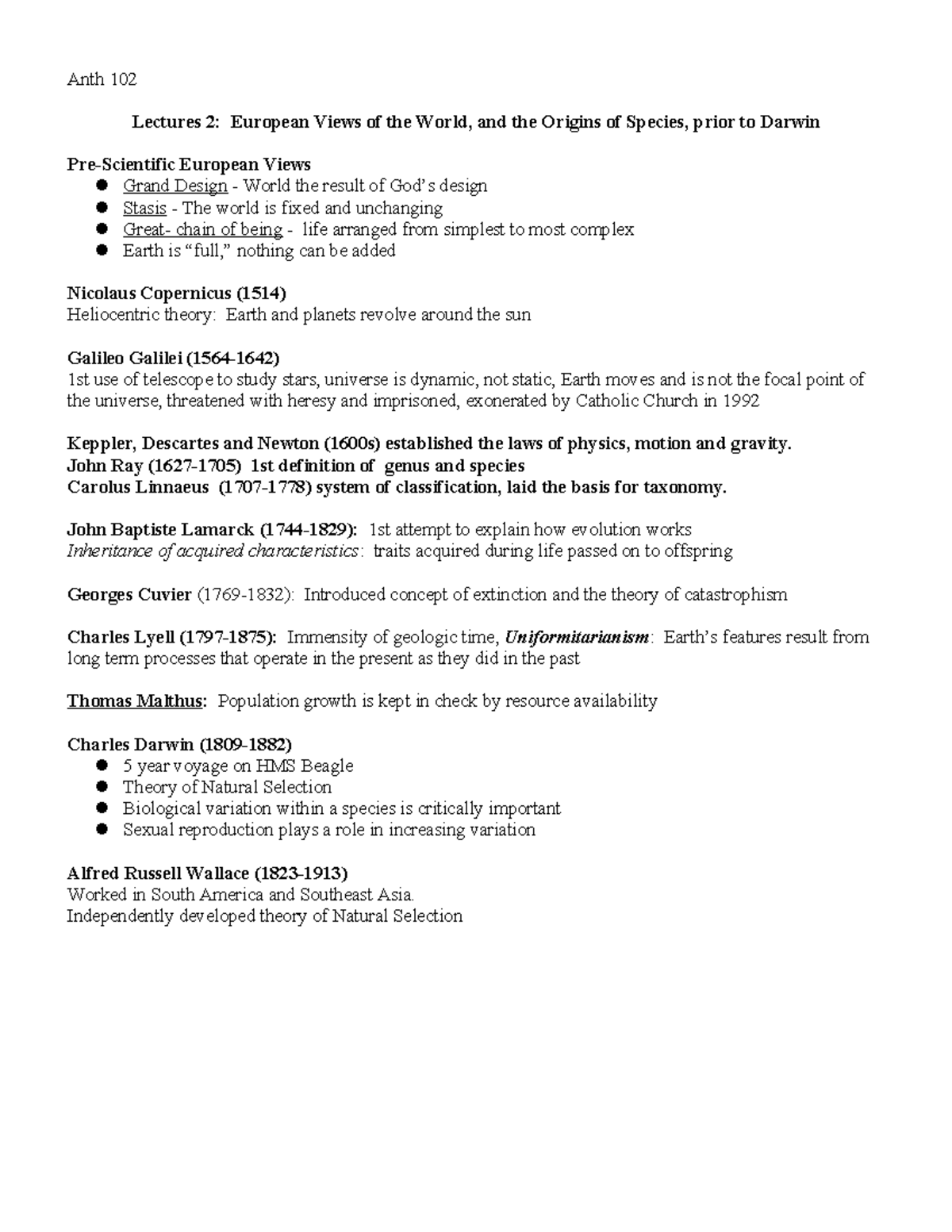 Lecture 2 notes - Anth 102 Lectures 2: European Views of the World, and ...