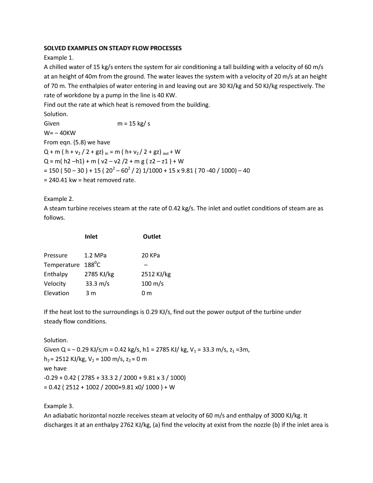 Steady Flow Energy Problems Solved Examples On Steady Flow Processes Example 1 A Chilled Water Of Studocu