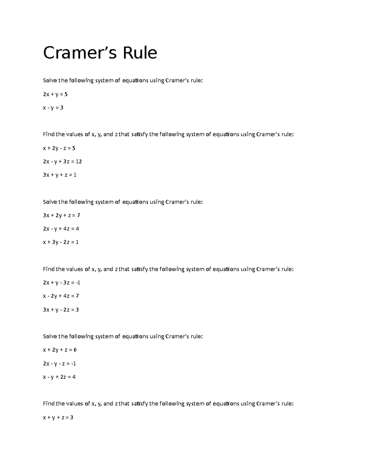 Free Printable Cramers Rule Worksheets