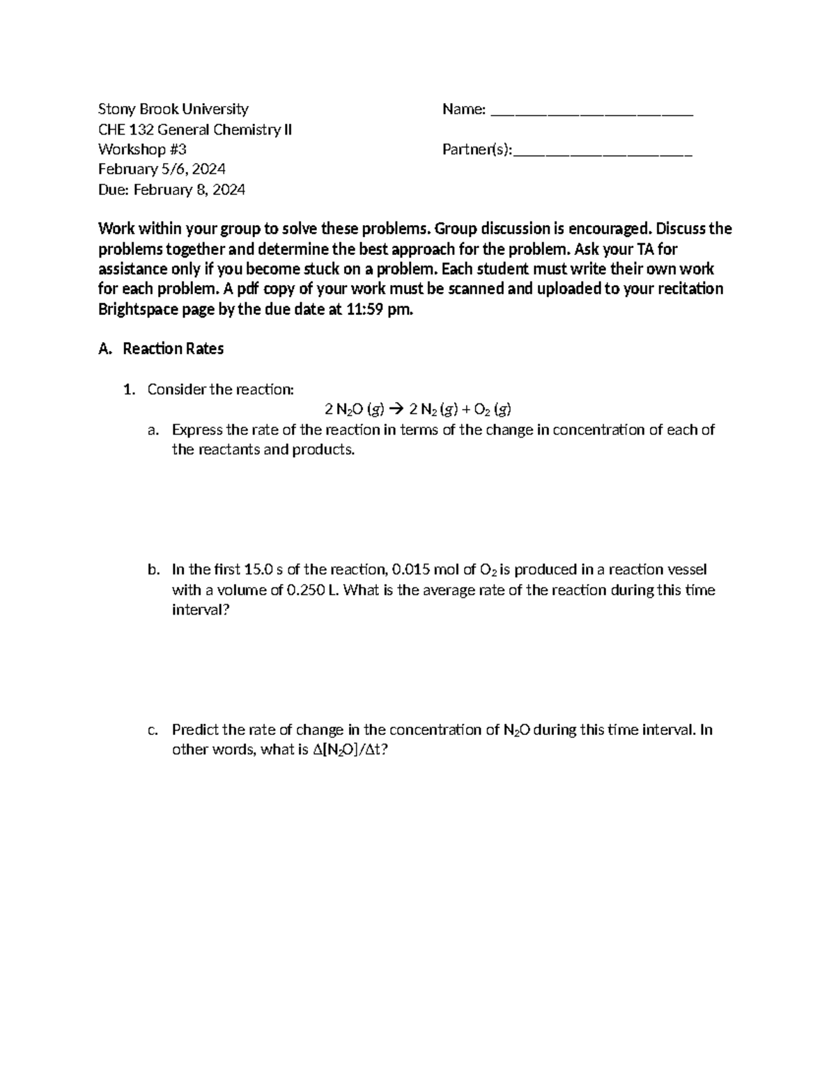Workshop 3- Kinetics - lnsbkfjg - Stony Brook University Name ...