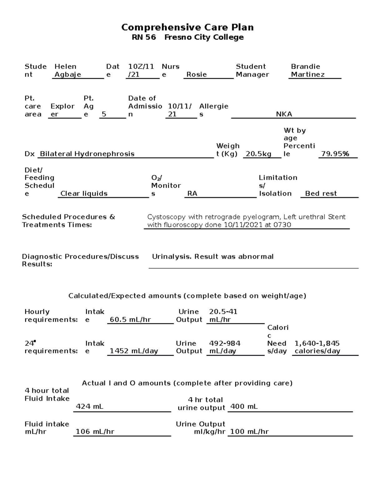 Comprehensive Care Plan 1 - care area Explor er Pt. Ag e 5 Date of ...