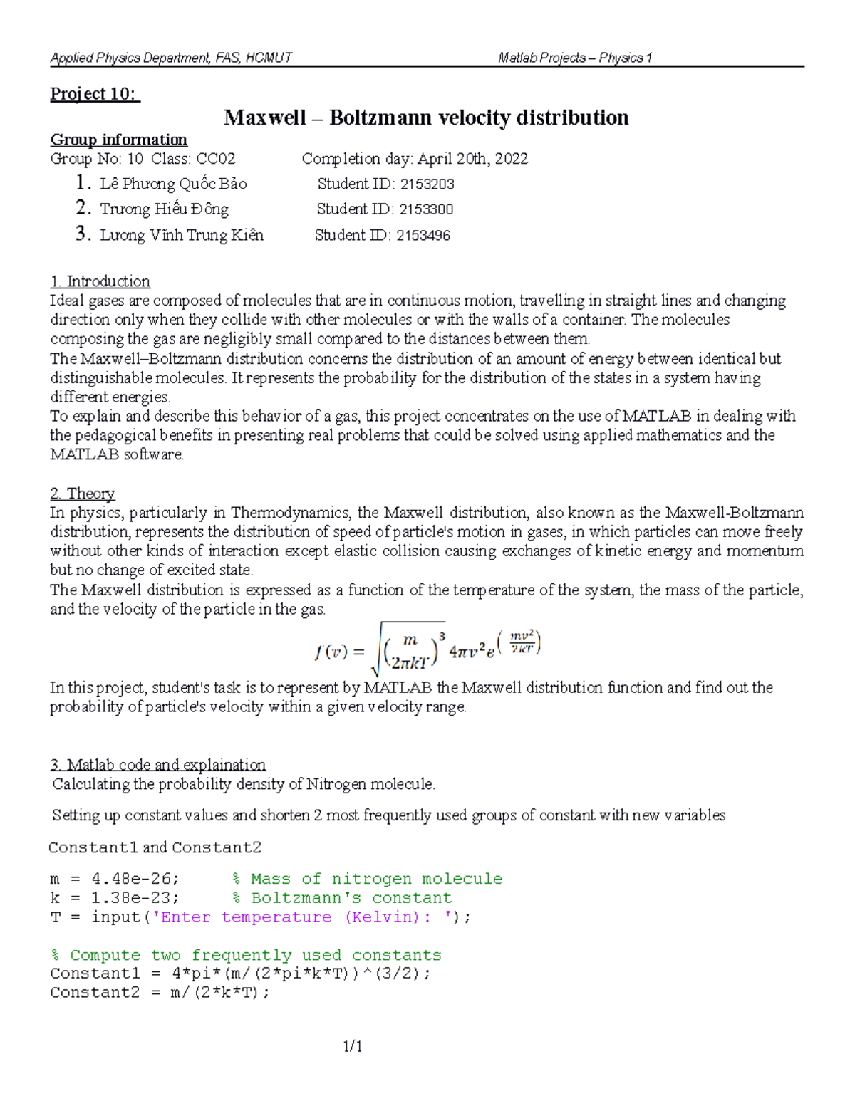 Matlab project 10 - Project 10: Maxwell – Boltzmann velocity ...
