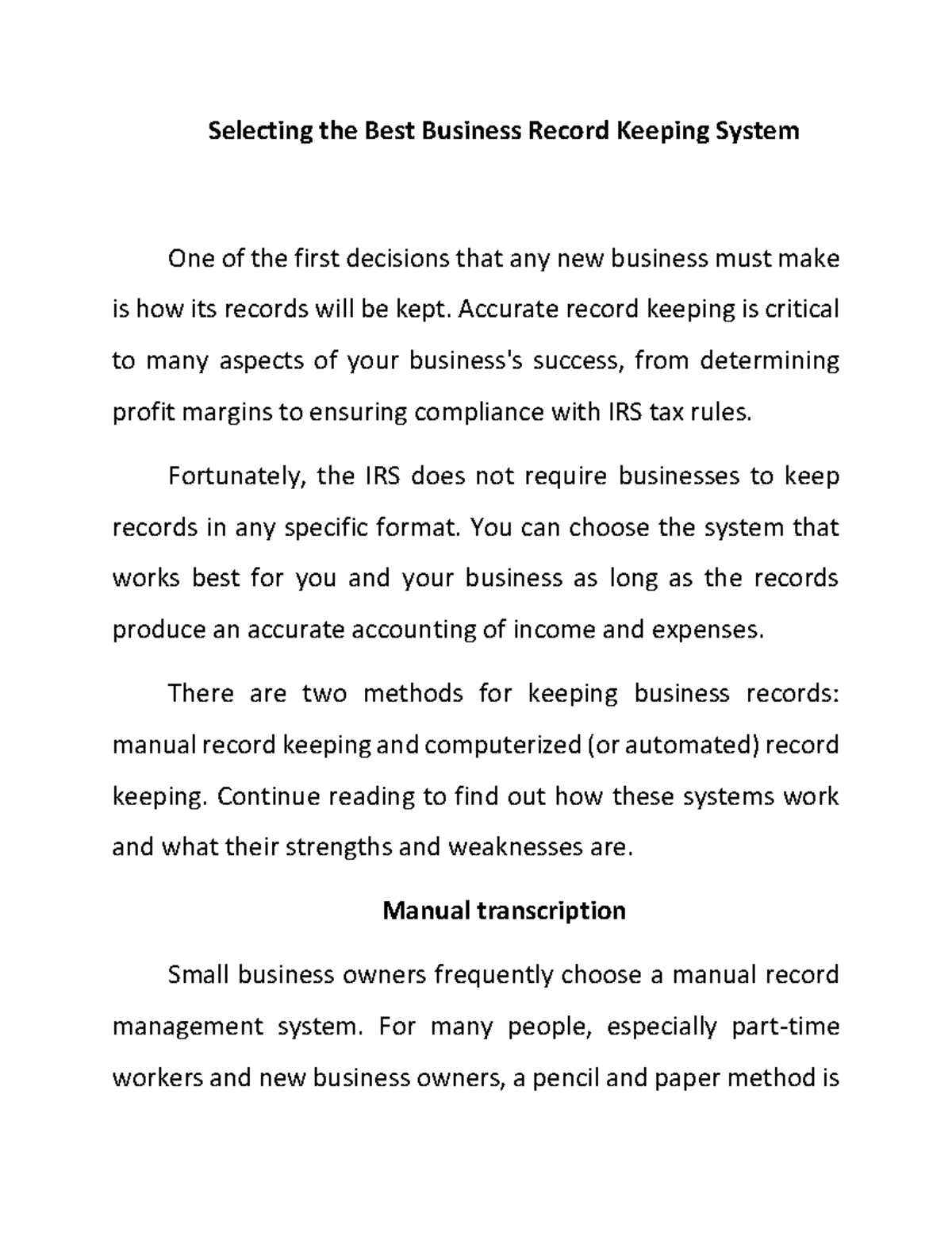 Selecting the Best Business Record Keeping System Accurate record
