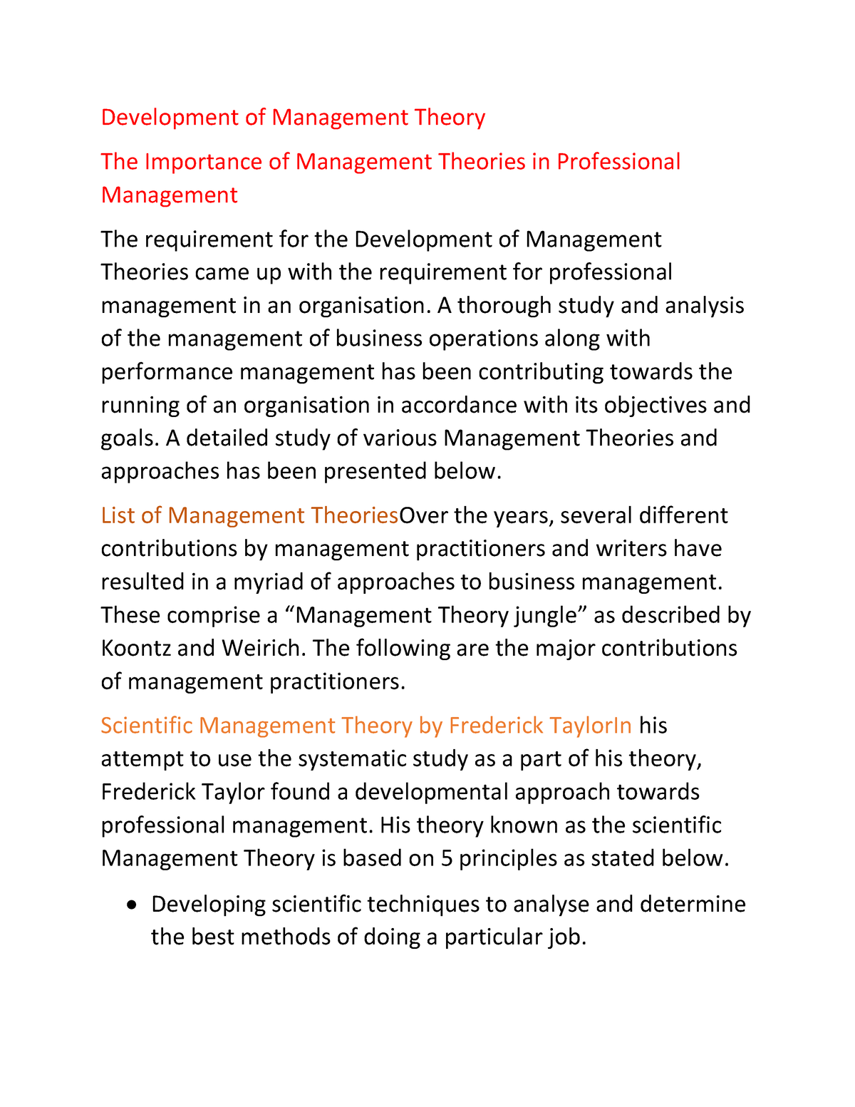 Mangement Theories Document (1) (20) - Development Of Management Theory ...