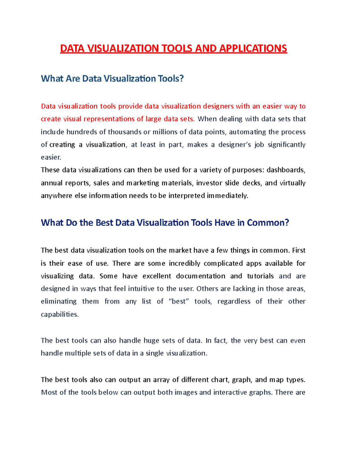 DATA Visualization Tools AND Applications - DATA VISUALIZATION TOOLS ...