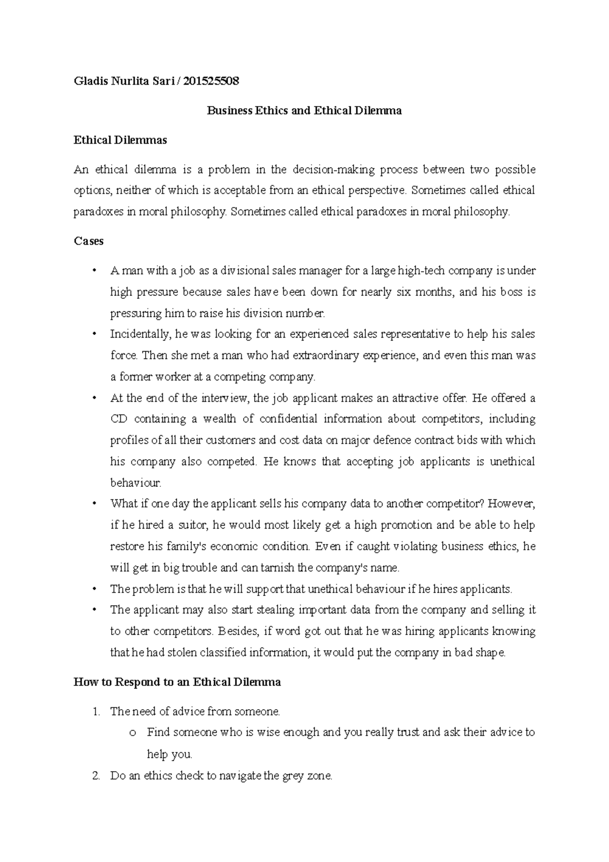 Summary Ethical Dilemma 2015 25508 - Gladis Nurlita Sari / 201525508 ...